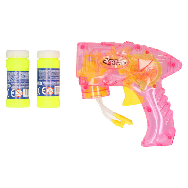Bellenblaas speelgoed pistool - 2x - met vullingen - roze - 15 cm - plastic - bellen blazen - Bellenblaas