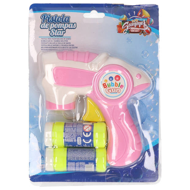 Bellenblaas speelgoed pistool - met vullingen - roze - 15 cm - plastic - bellen blazen - Bellenblaas