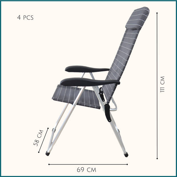 HIXA Verstelbare Tuinstoel - Campingstoel - Standenstoel - 4 stuks - Klapstoel - Vouwstoel - Grijs - Aluminium