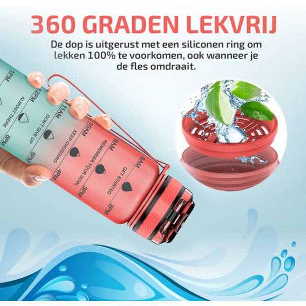 Lekro Waterfles met Tijdmarkeringen - Motiverende Drinkfles - 1 Liter - Roze/Blauw