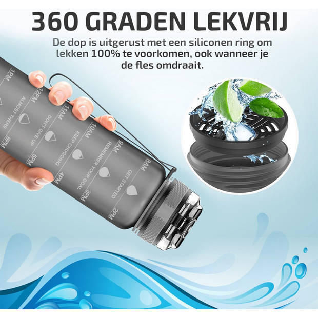 Lekro Waterfles met Tijdmarkeringen - Motiverende Drinkfles - 1 Liter - Grijs
