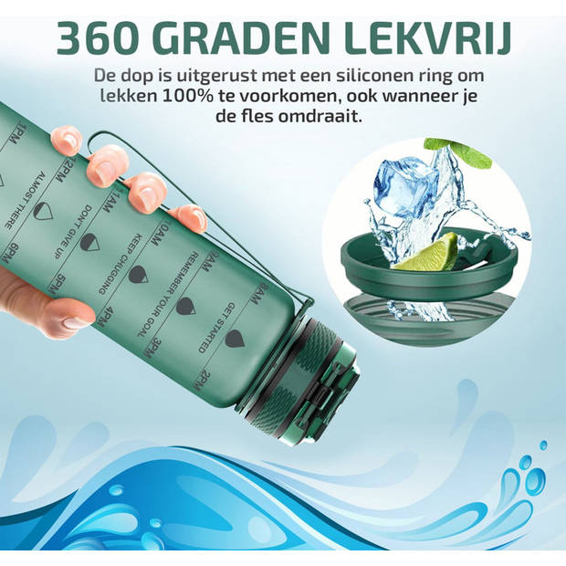 Lekro Waterfles met Tijdmarkeringen - Motiverende Drinkfles - 1 Liter - Groen