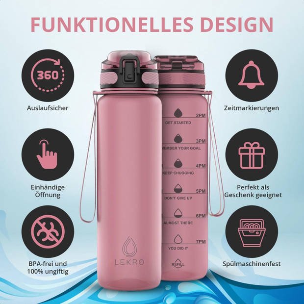 Lekro Waterfles met Tijdmarkeringen - Motiverende Drinkfles - 1 Liter - Rosé Goud