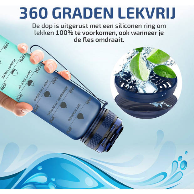 Lekro Waterfles met Tijdmarkeringen - Motiverende Drinkfles - 1 Liter - Blauw