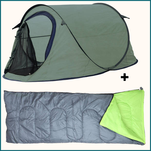 HIXA Pop-Up Tent - 1 persoons - Groen - festival - Met Tentharingen - en Slaapzak - 220x120x95cm