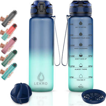 Lekro Waterfles met Tijdmarkeringen - Motiverende Drinkfles - 1 Liter - Blauw