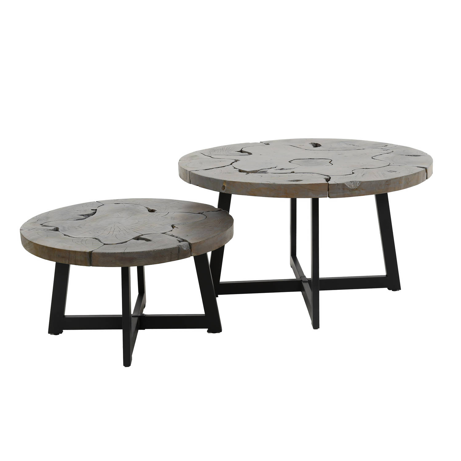 Salontafel Rond - Grijs Teakhout - Set Van 2 - 80x80x45cm