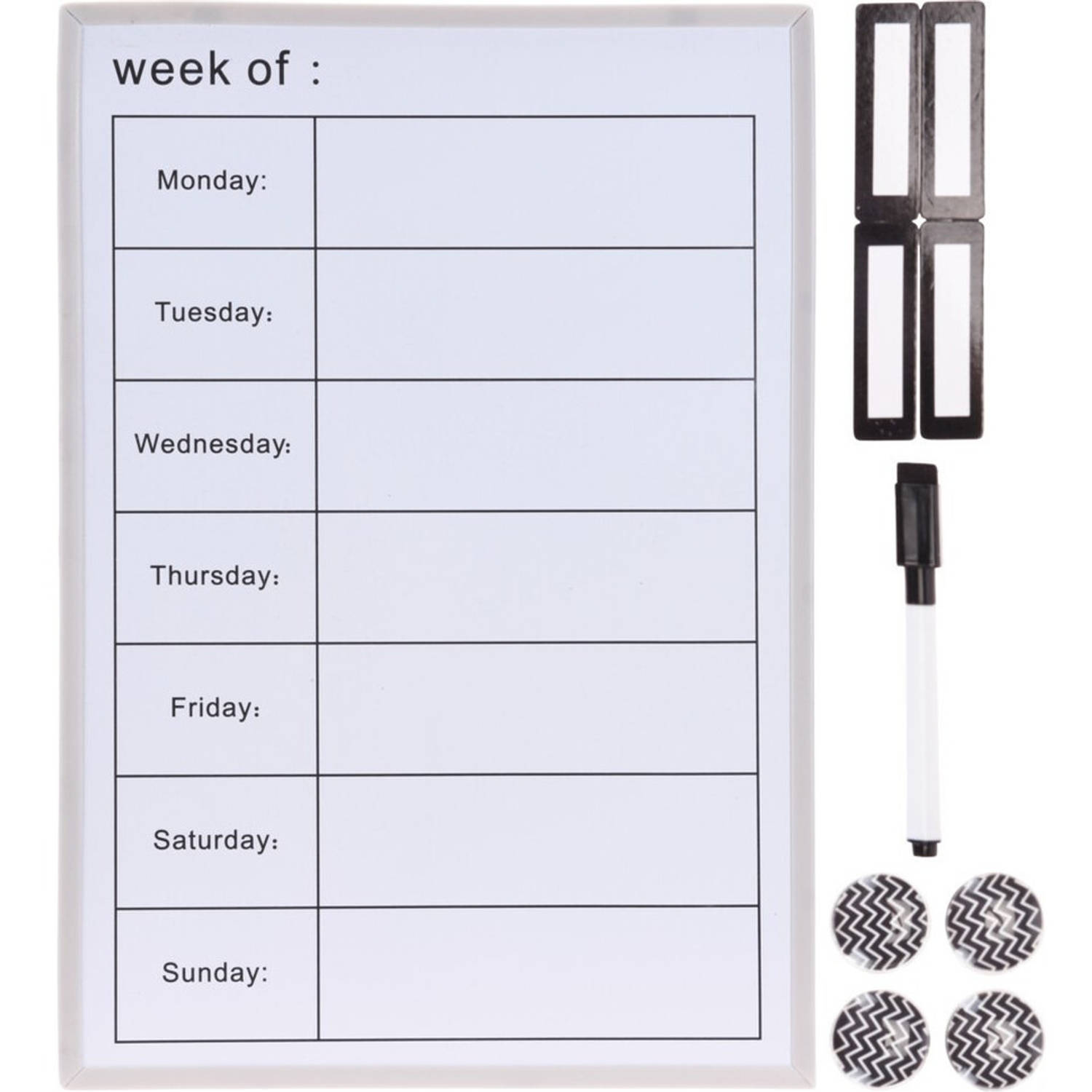 Magnetisch whiteboard/weekplanner met stift en magneetjes 40 x 28 x 1 cm. - Memobord - Planbord
