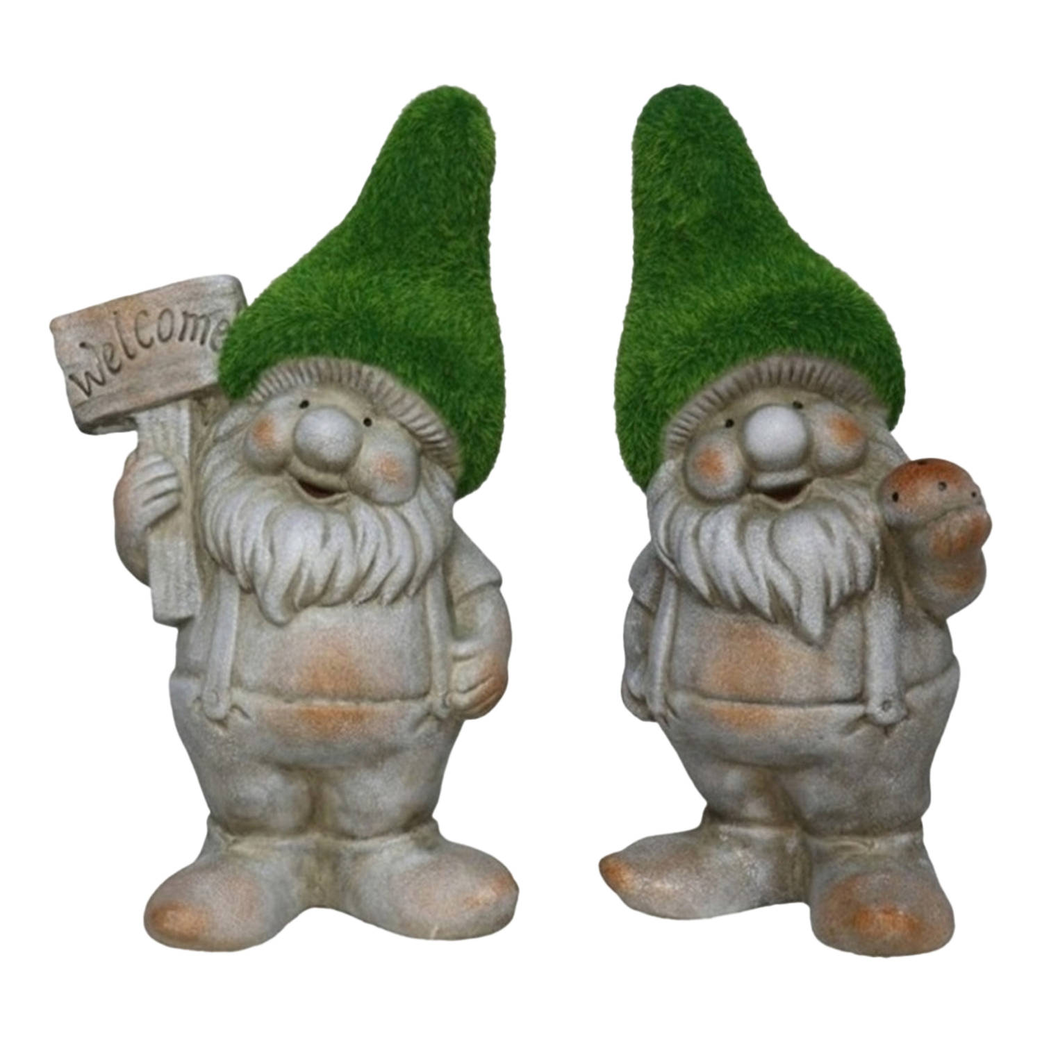 Tuinkabouter beeldje - set van 2 - Dwarf Barry en Steef - grasgroen - 28 cm - polystone - Tuinbeelden