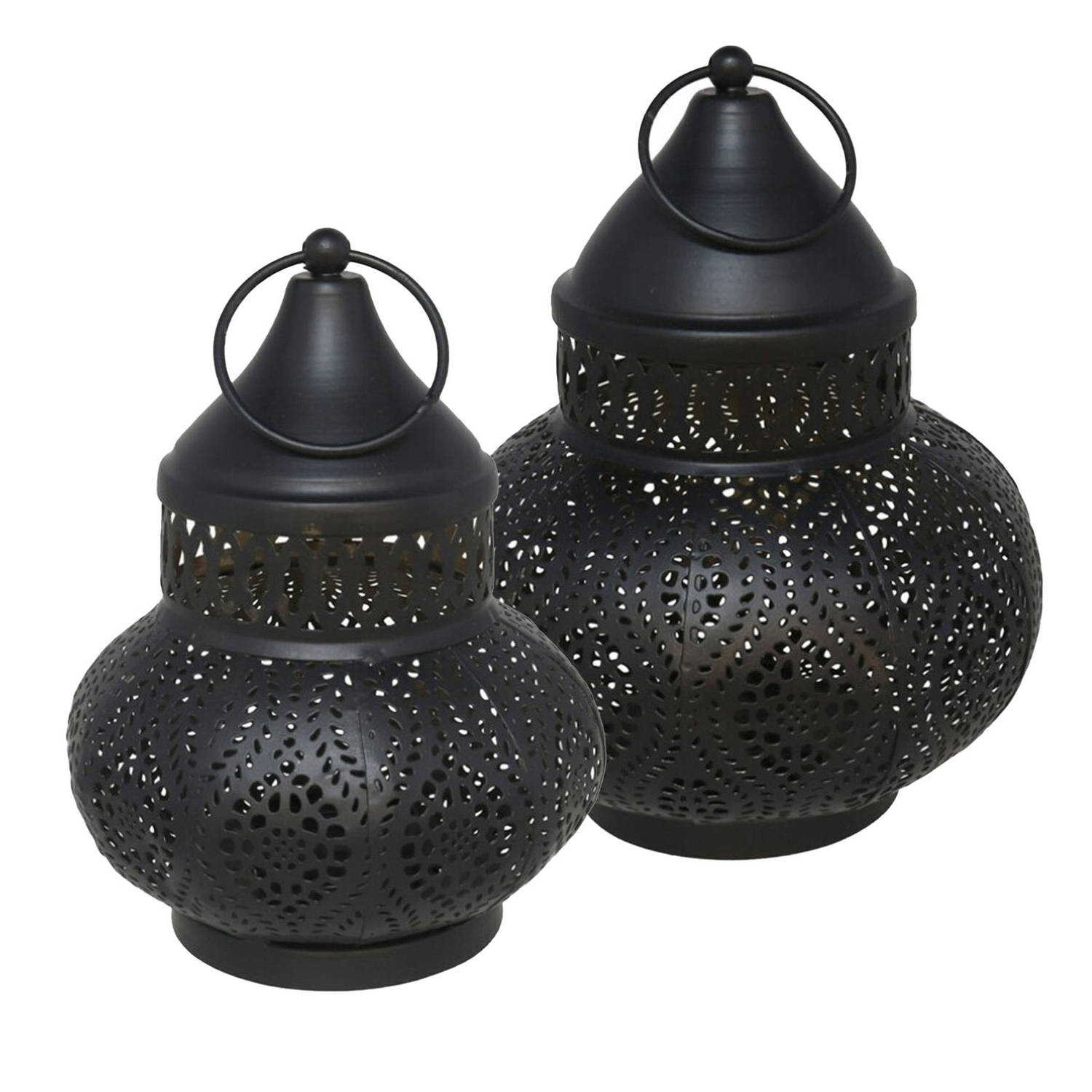Tuin deco lantaarns set van 2 Marokkaanse sfeer zwart-goud metaal buitenverlichting Lantaarns
