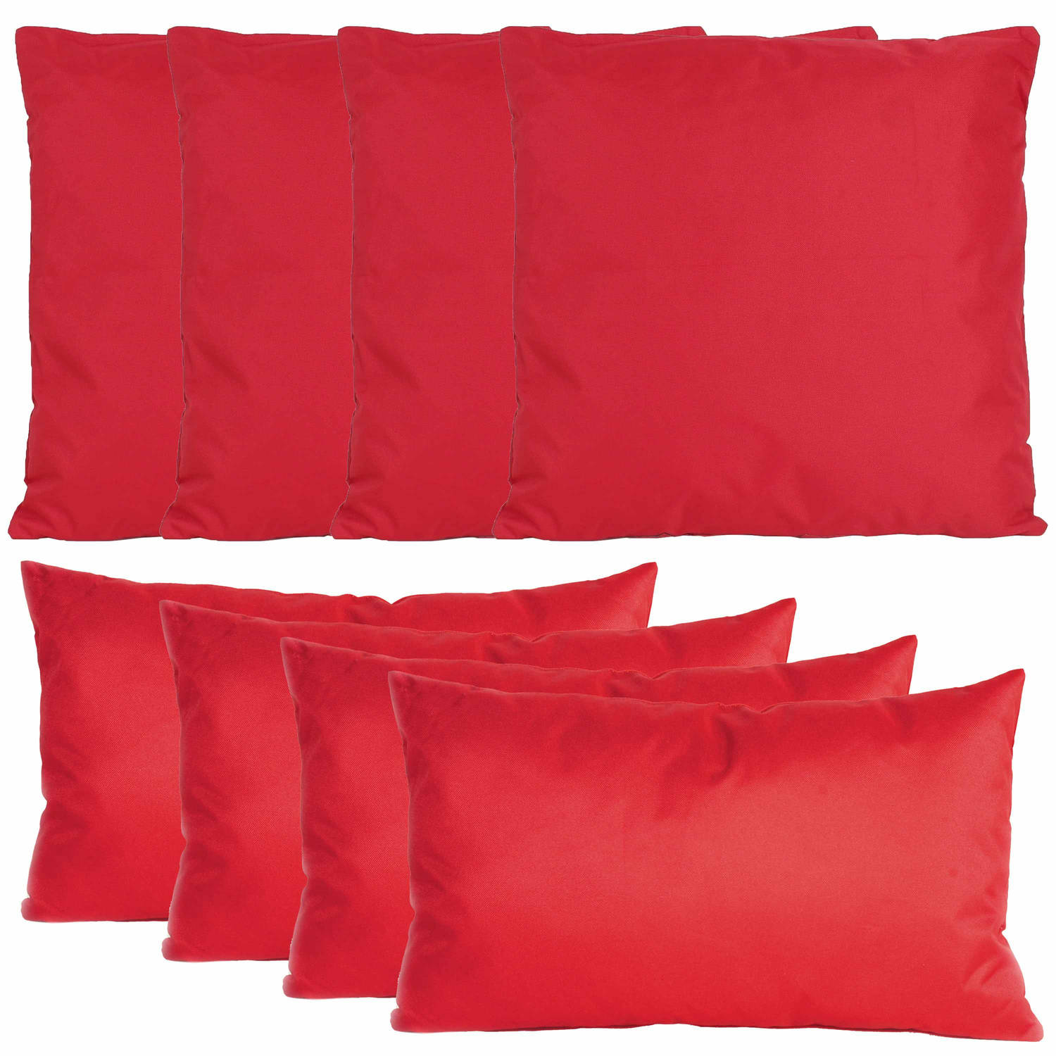Bank-tuin kussens set binnen-buiten 8x stuks -rood In 2 formaten laag-hoog Sierkussens