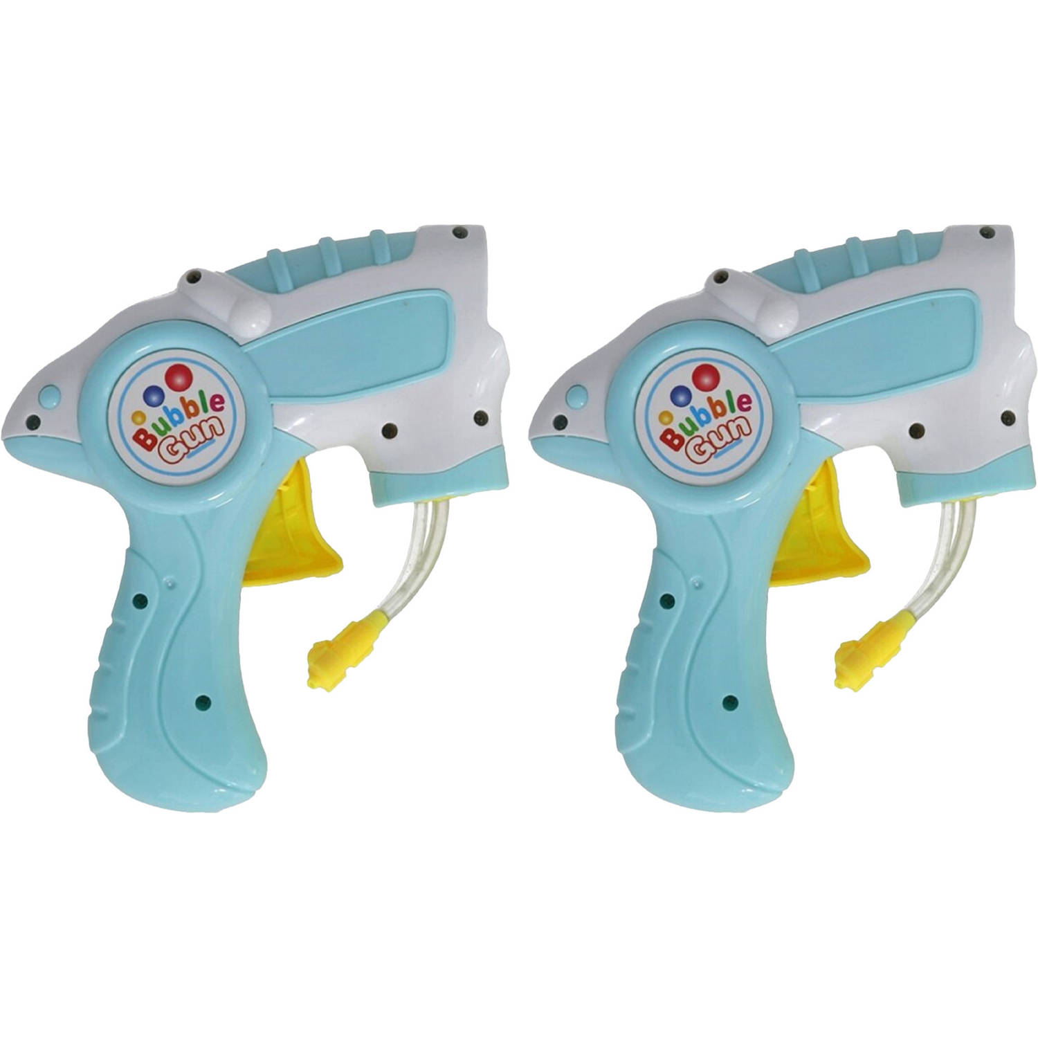 Bellenblaas speelgoed pistool 2x met vullingen lichtblauw 15 cm plastic bellen blazen Bellenblaas