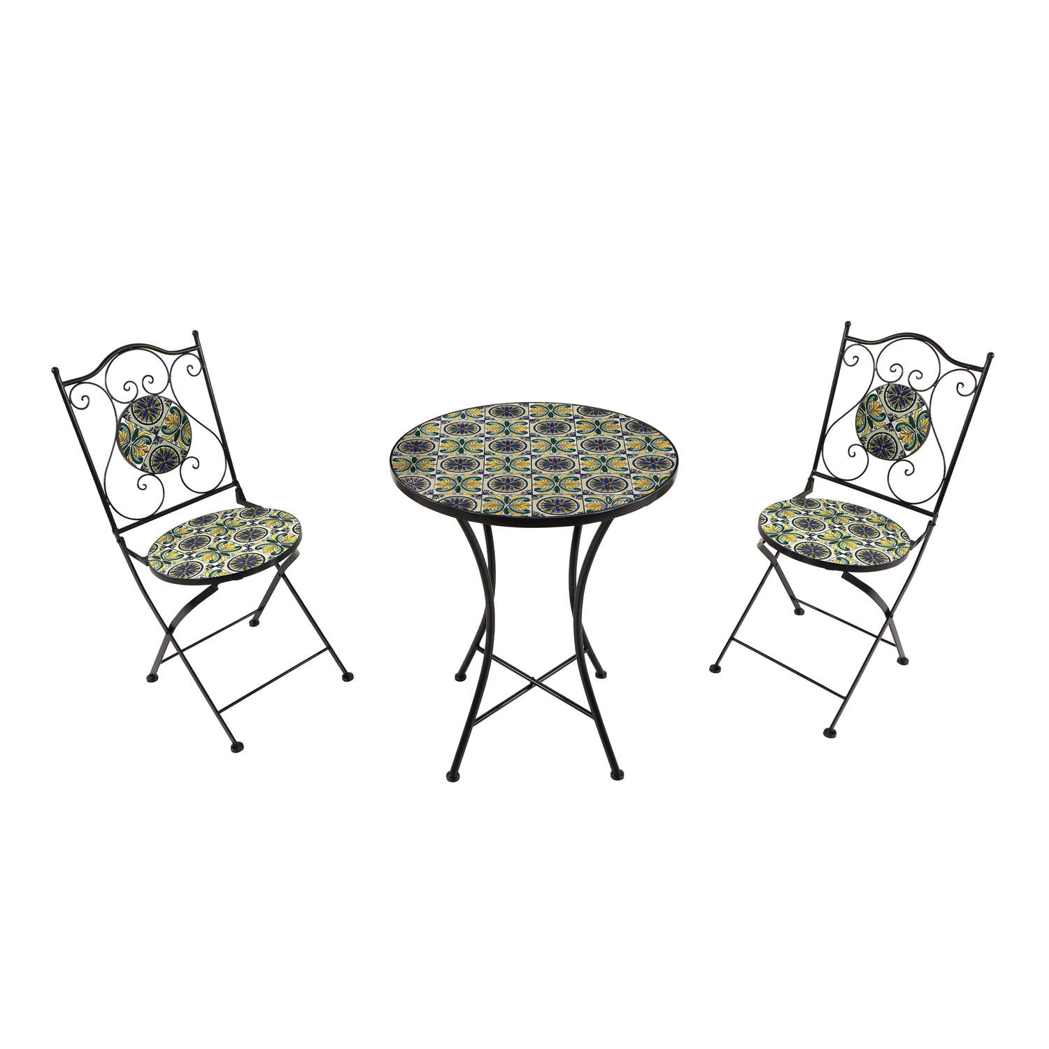 AXI Amélie 3-delige Mozaïek Bistroset Blauw/geel – Siciliaanse stijl - Metalen frame met keramische tegeltjes – Balkonset 2 stoelen en tafel