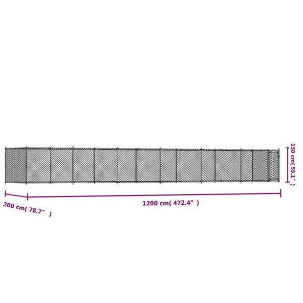 vidaXL Hondenhok met deur 12x2x1,5 m gegalvaniseerd staal grijs