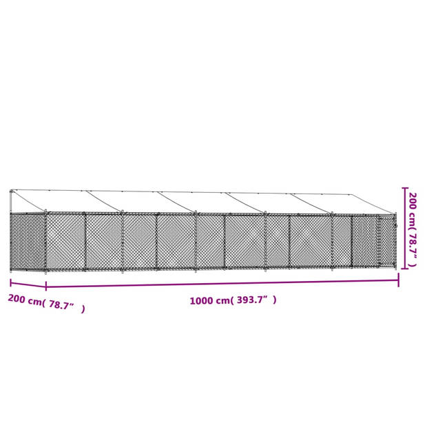 vidaXL Hondenhok met dak en deur 10x2x2 m gegalvaniseerd staal grijs