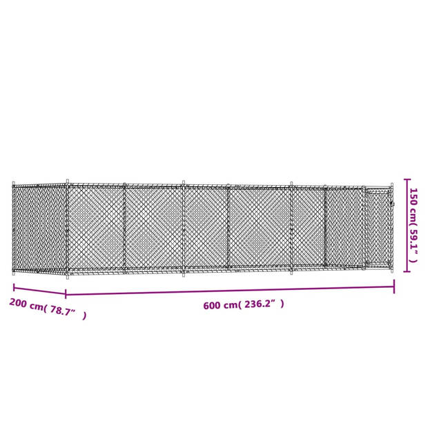 vidaXL Hondenhok met deur 6x2x1,5 m gegalvaniseerd staal grijs