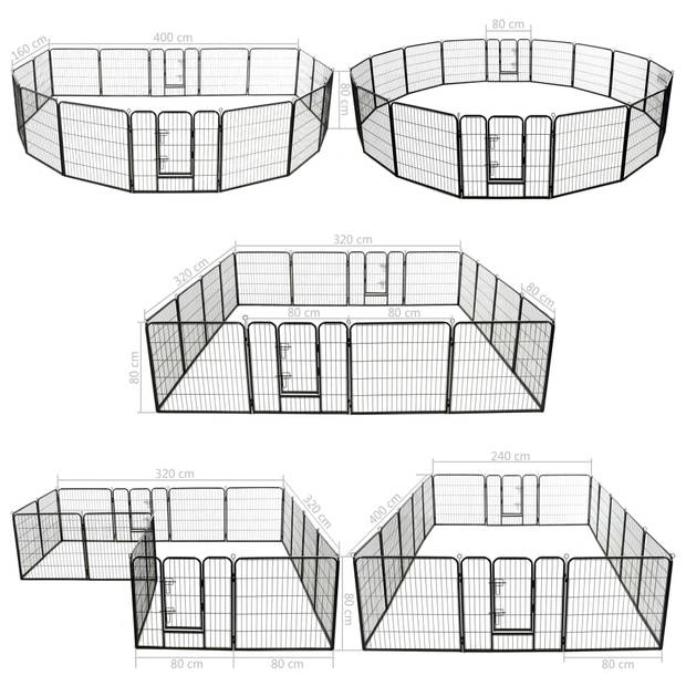 vidaXL Hondenren met 16 panelen 80x80 cm staal zwart