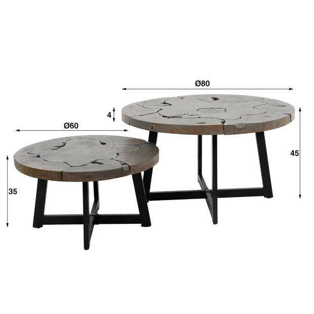 Giga Meubel - Salontafel Rond - Grijs Teakhout - Set Van 2 - 80x80x45cm