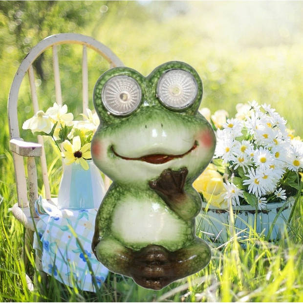 Gerimport Tuinbeeld dier kikker zittend - kunststeen - H13 cm - groen - Solar light kikker - Tuinbeelden