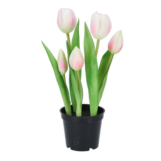 DK Design Kunst tulpen Holland in pot - 5x stuks - lichtroze - real touch - 26 cm - Kunstbloemen