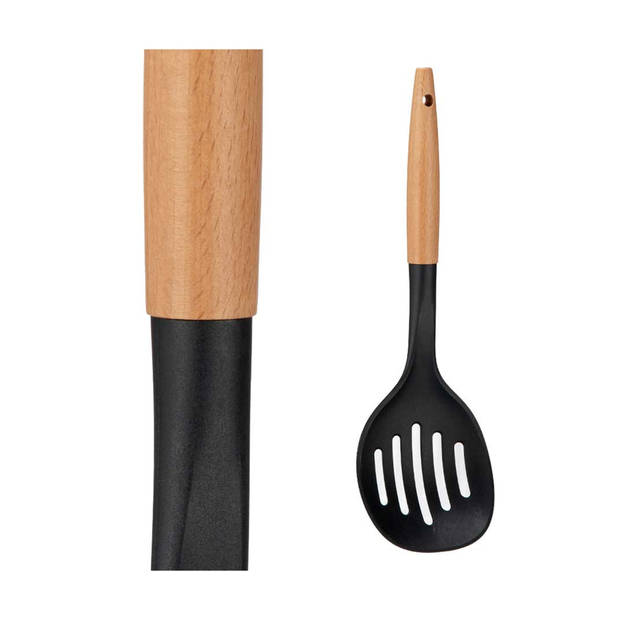 Kinvara Kook/keuken gerei - schuimspaan - zwart/bruin - kunststof/hout - 35 cm - Soeplepels