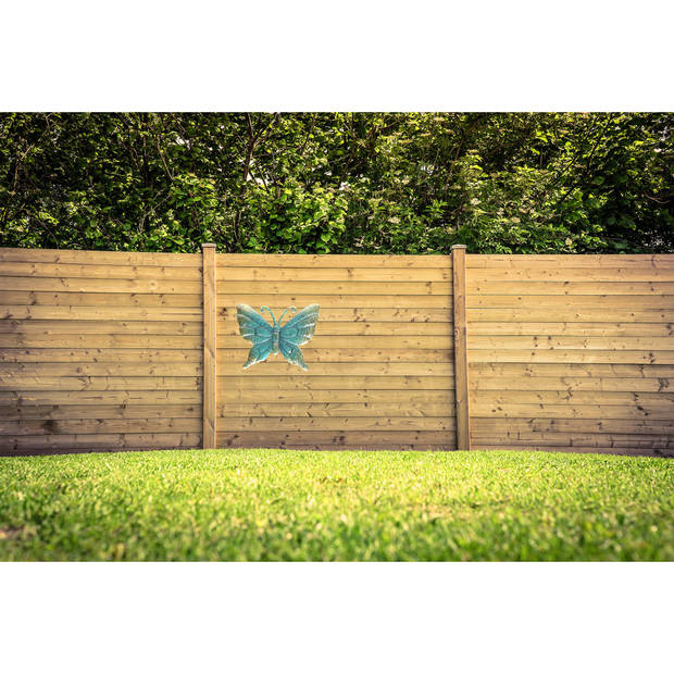 1x Turquoise/goud metalen tuindecoratie vlinder 22 cm - Tuinbeelden