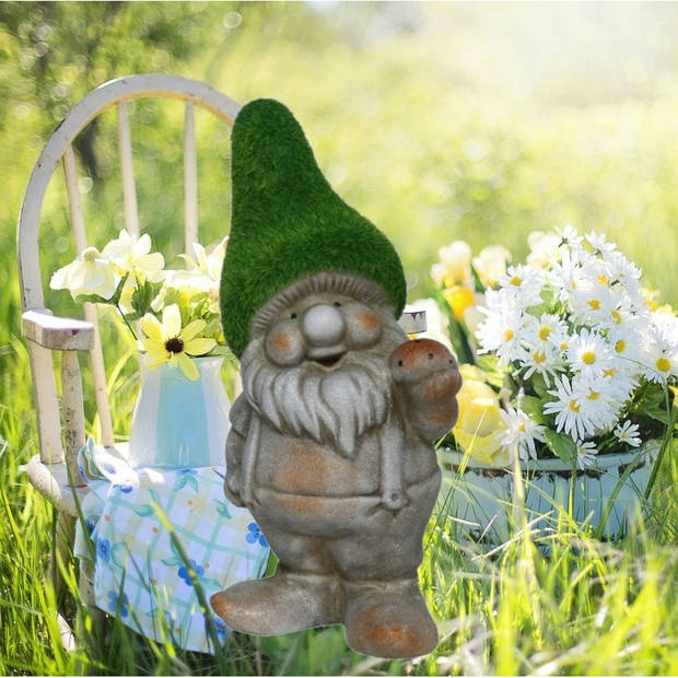 Gerimport Tuinkabouter beeldje - Dwarf Barry - Polystone - grasgroene muts - 28 cm - Tuinbeelden