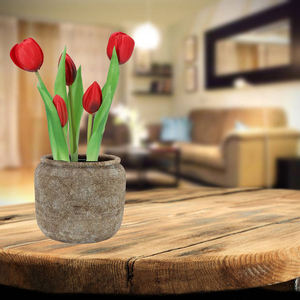 DK Design Kunst tulpen Holland in pot - 5x stuks - rood - real touch - 26 cm - Kunstbloemen