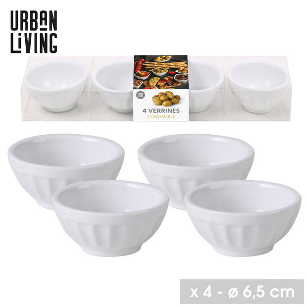 Urban Living kleine kommetjes/serveer schaaltjes - ivoor wit - keramiek - set 4x stuks - D6.5 cm - Serveerschalen