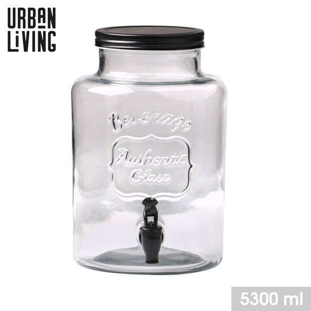 Urban Living Drank dispenser Beverages - 5.3 Liter - met metalen schroefdeksel en kraantje - glas - Drankdispensers
