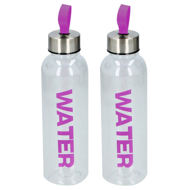 Cuisine Elegance Waterfles / drinkfles / sportfles - 2x - transparant/paars - kunststof - 550 ml - Drinkflessen