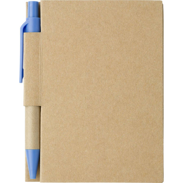 Notitie/opschrijf boekje met balpen - harde kaft - beige/blauw - 11x8cm - 80blz gelinieerd - Notitieboek