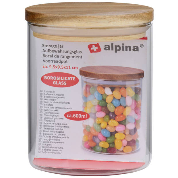 Alpina Voorraadpot/bewaarpot Foodking - borosilicaatglas - 600 ml - glas/hout - D9.5 x H11 cm - Voorraadpot
