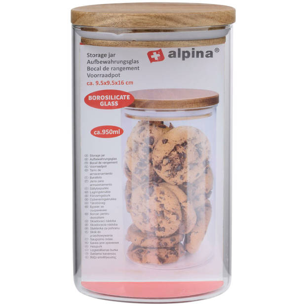 Alpina Voorraadpot/bewaarpot Foodking - borosilicaatglas - 950 ml - glas/hout - D9.5 x H16 cm - Voorraadpot