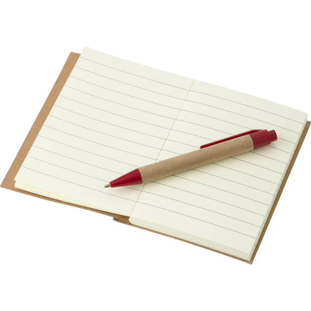 Notitie/opschrijf boekje met balpen - harde kaft - beige/oranje - 11x8cm - 80blz gelinieerd - Notitieboek