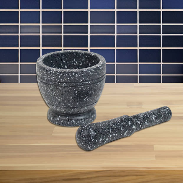 Gerimport Vijzel met stamper - antraciet grijs - graniet - D10 cm - zware kwaliteit - keuken artikelen - Vijzel en morti
