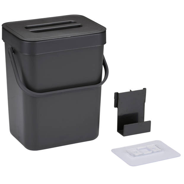 Gft afvalbakje voor aanrecht of aan keuken kastje - 5L - antraciet - afsluitbaar - 24 x 19 x 14 cm - Prullenbakken