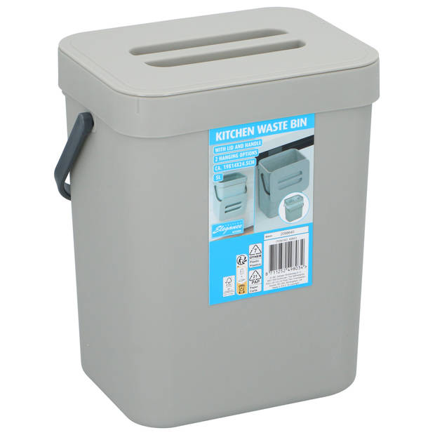 Gft afvalbakje voor aanrecht of aan keuken kastje - 5L - grijs - afsluitbaar - 24 x 19 x 14 cm - Prullenbakken
