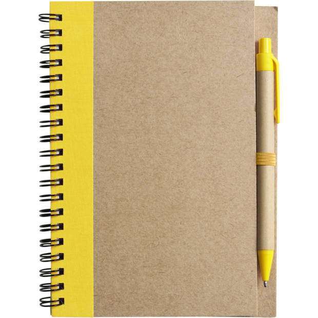 Notitie/opschrijf boekje met balpen - harde kaft - beige/geel - 18x13cm - 60blz gelinieerd - Notitieboek