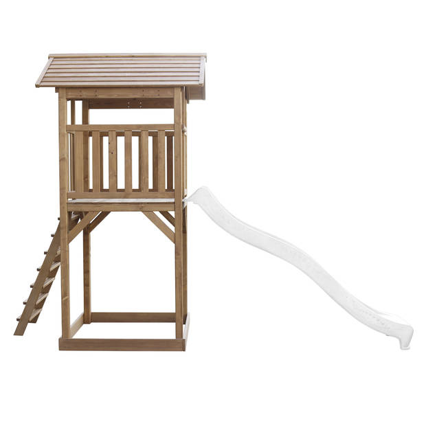 AXI Beach Tower Speeltoestel van hout in Bruin Speeltoren met zandbak en witte glijbaan