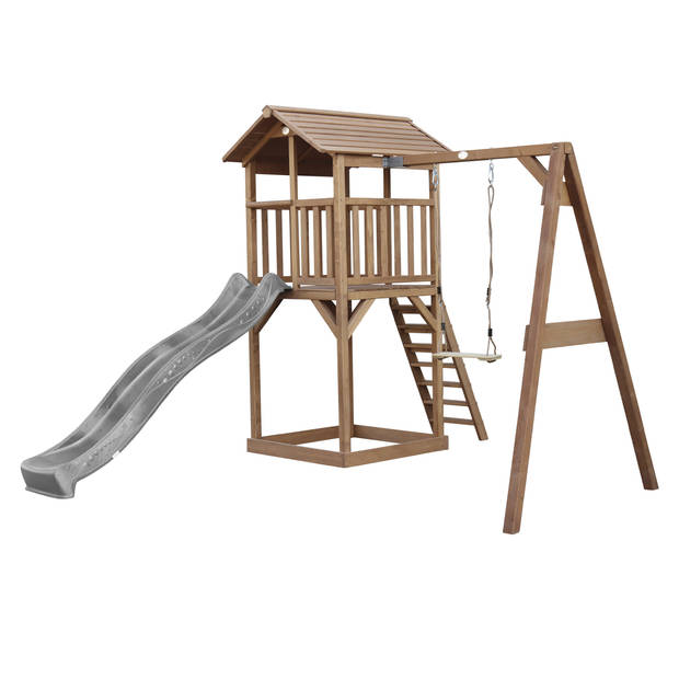 AXI Beach Tower Speeltoestel van hout in Bruin Speeltoren met zandbak, schommel en grijze glijbaan