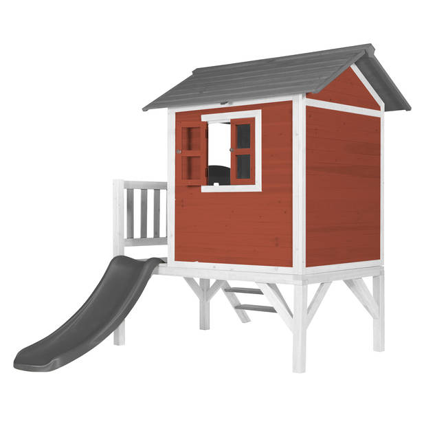 AXI Speelhuis Beach Lodge XL Rood met AXI Lodge XL Speelhuis Scandinavisch rood - Grijze Glijbaan Speelhuis op palen