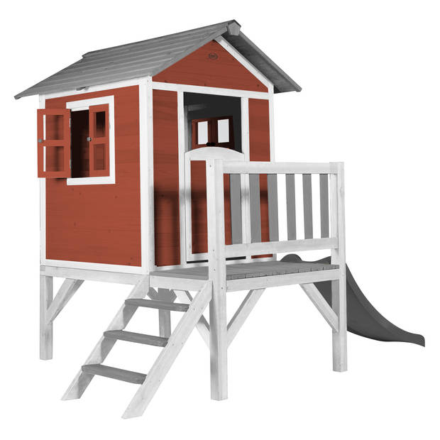 AXI Speelhuis Beach Lodge XL Rood met AXI Lodge XL Speelhuis Scandinavisch rood - Grijze Glijbaan Speelhuis op palen