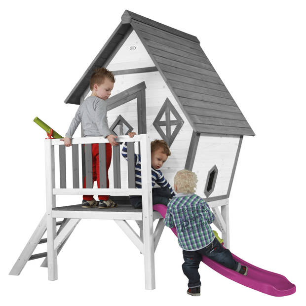 AXI Speelhuis Cabin XL Wit met paarse glijbaan Speelhuis op palen met veranda gemaakt van FSC hout