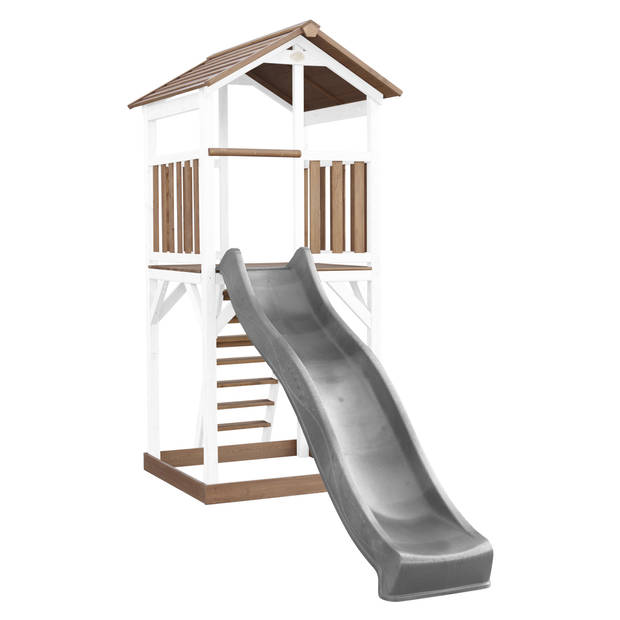 AXI Beach Tower Speeltoestel van hout in Bruin en Wit Speeltoren met zandbak en grijze glijbaan