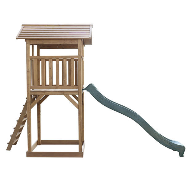 AXI Beach Tower Speeltoestel van hout in Bruin Speeltoren met zandbak en groene glijbaan