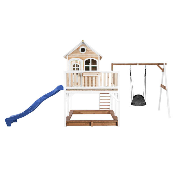 AXI Liam Speelhuis op palen, zandbak, nestschommel & blauwe glijbaan Speelhuisje voor de tuin / buiten in bruin & wit