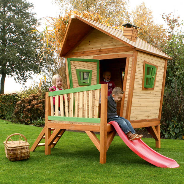 AXI Iris Speelhuis op palen & rode glijbaan Speelhuisje voor de tuin / buiten in bruin & groen van FSC hout
