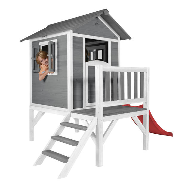 AXI Speelhuis Beach Lodge XL Grijs met rode glijbaan Speelhuis op palen met veranda gemaakt van FSC hout