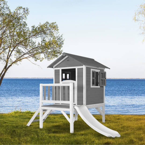 AXI Speelhuis Beach Lodge XL Grijs met witte glijbaan Speelhuis op palen met veranda gemaakt van FSC hout